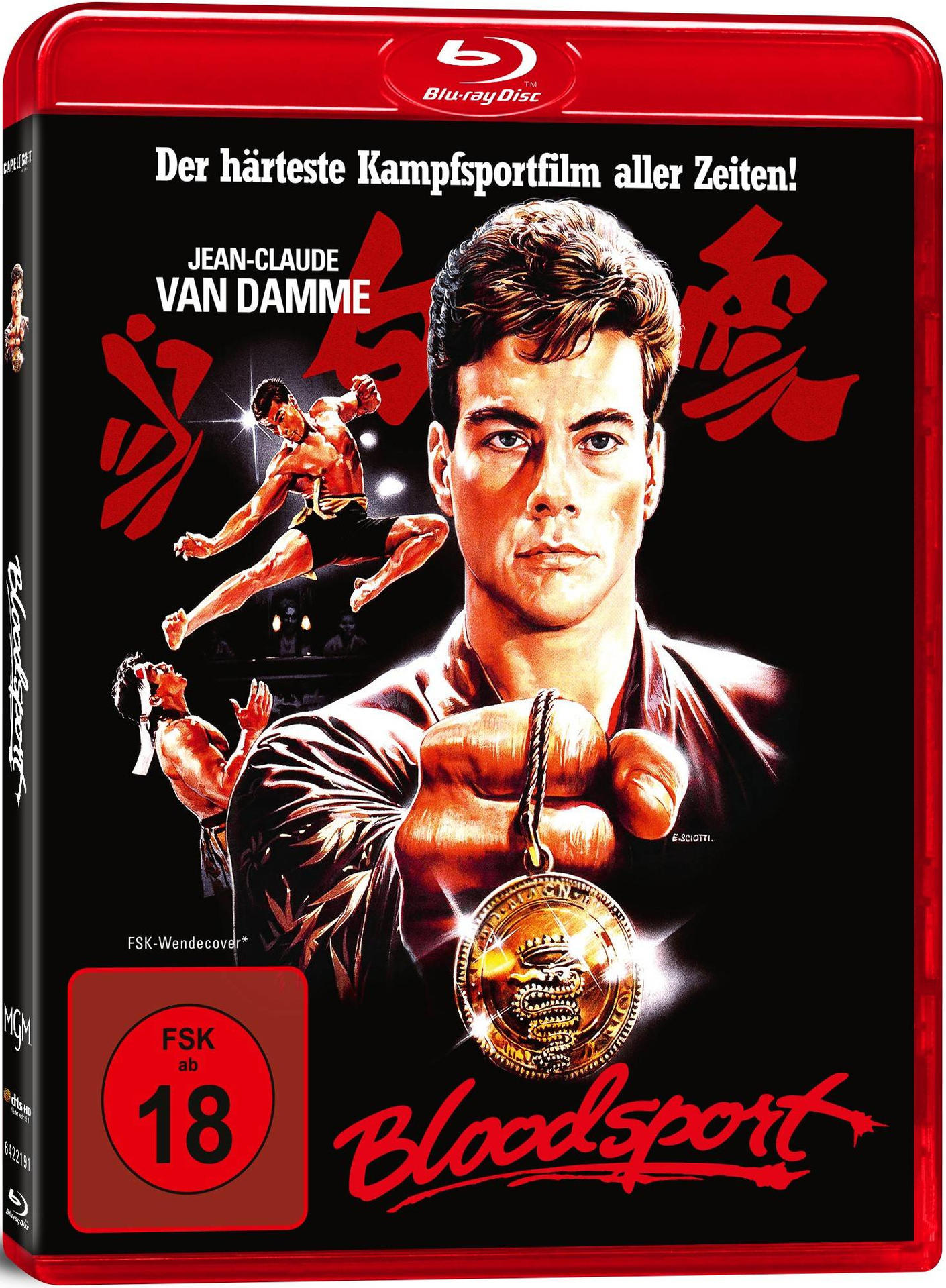 Filmcover für 'Bloodsport'. Jean-Claude Van Damme mit Goldmedaille und Kampfszenen.
