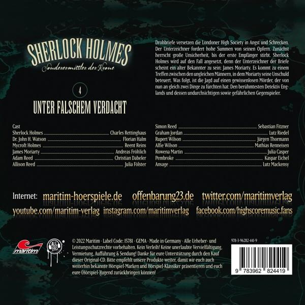 Rückseite eines Buches über Sherlock Holmes, mit Text und einer Liste der Darsteller.