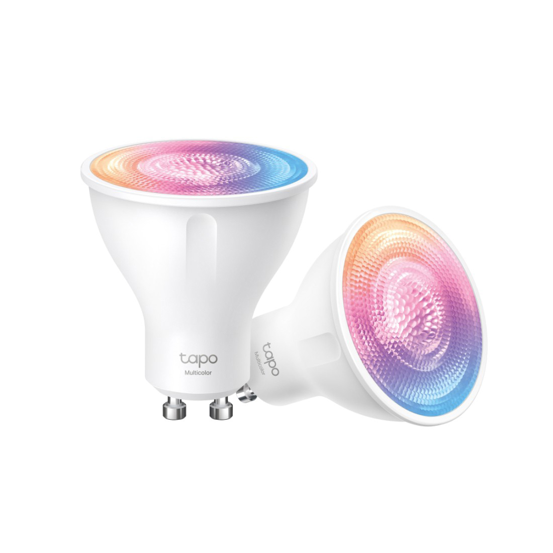 Zwei weiße Tapo Multicolor Smart-Glühbirnen, eine abgewinkelt.