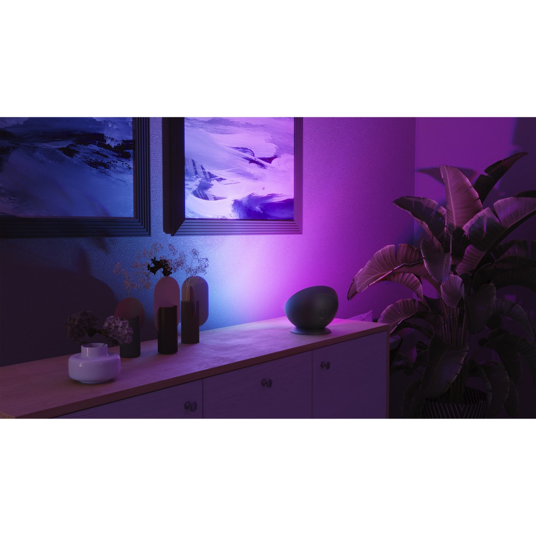 Ein Raum mit Kunst, einem Lautsprecher und einer Pflanze. Der Raum ist mit violetten und blauen Lichtern beleuchtet. Auf dem Schrank stehen Vasen.