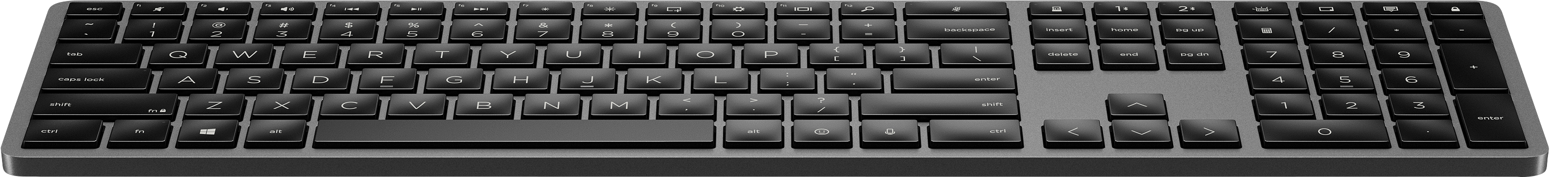 Schwarze Tastatur mit Standardlayout. Tasten sind weiß beschriftet. Graue Basis.