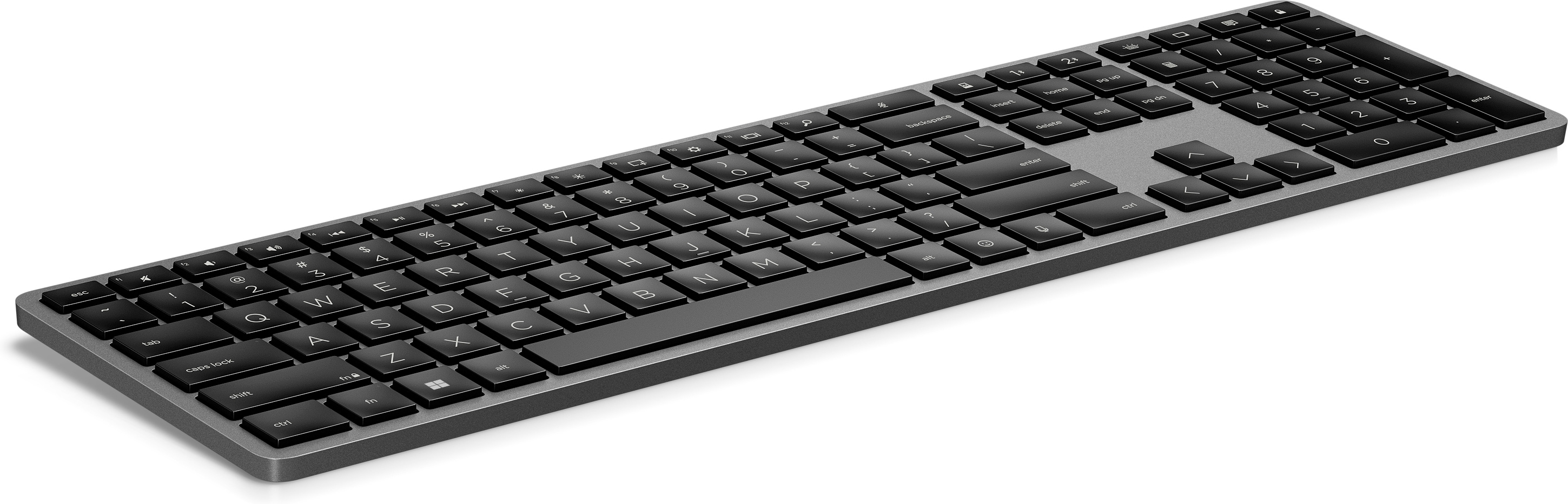 Eine graue Tastatur mit schwarzen Tasten. Die Tastatur hat ein schlankes Design.