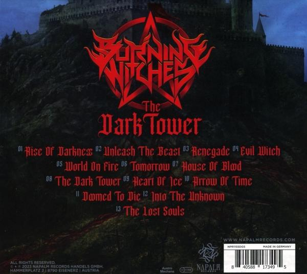 A Burning Witches CD-borítója, sötét toronnyal és számlistával.