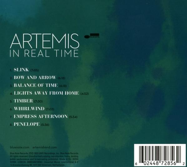 Albumcover mit Text 'ARTEMIS IN REAL TIME' und Titellisten-Details.