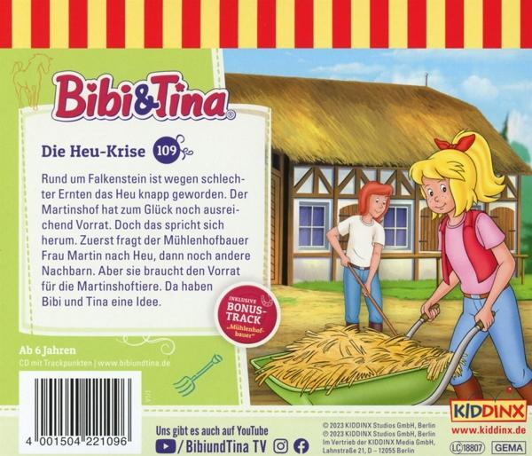 Rückseite einer Bibi & Tina CD. Zeigt Zeichentrickfiguren, Text und Illustration.