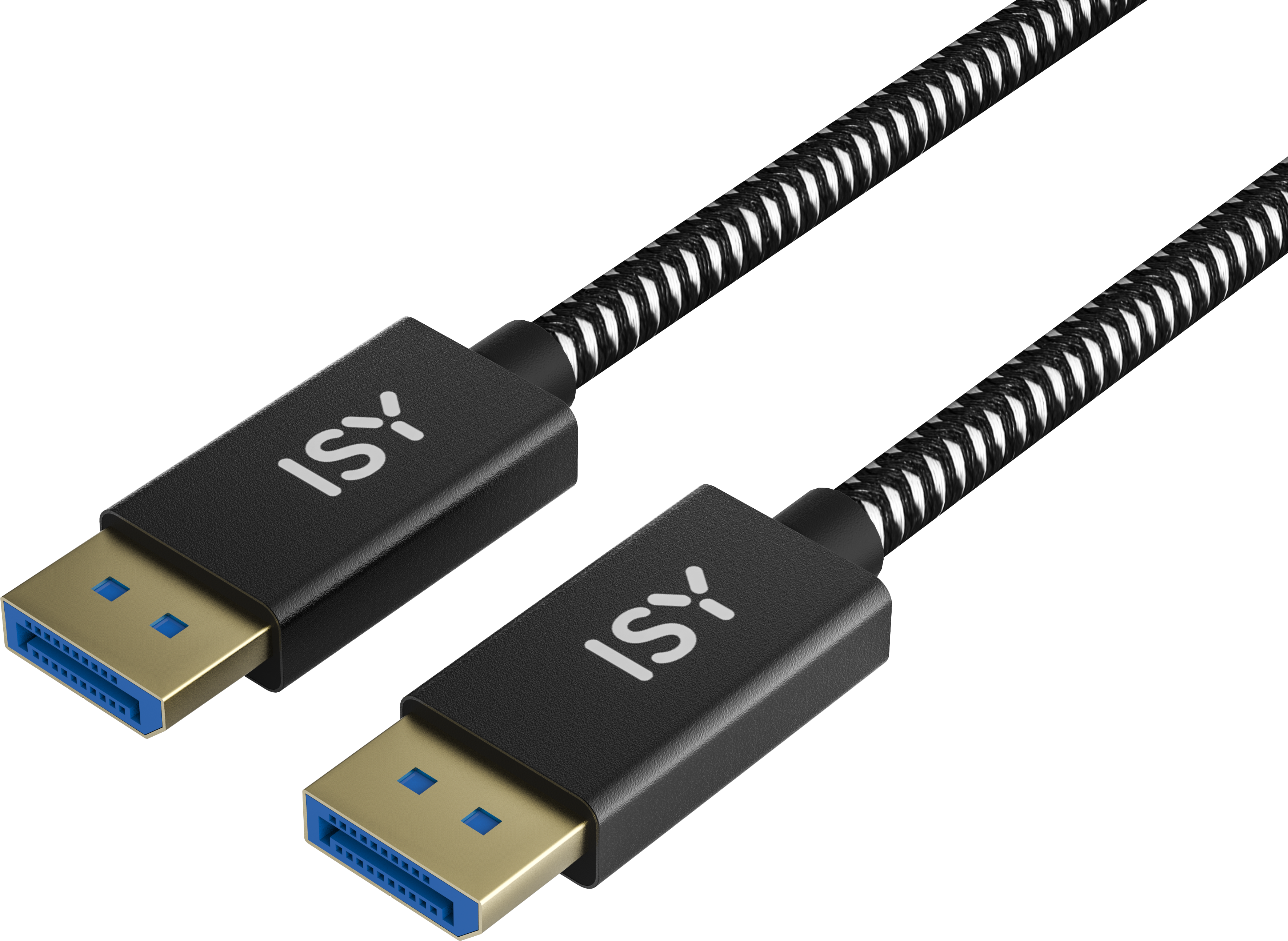 Deux câbles USB-C noirs avec des connecteurs bleus et le logo ISY sur fond noir.