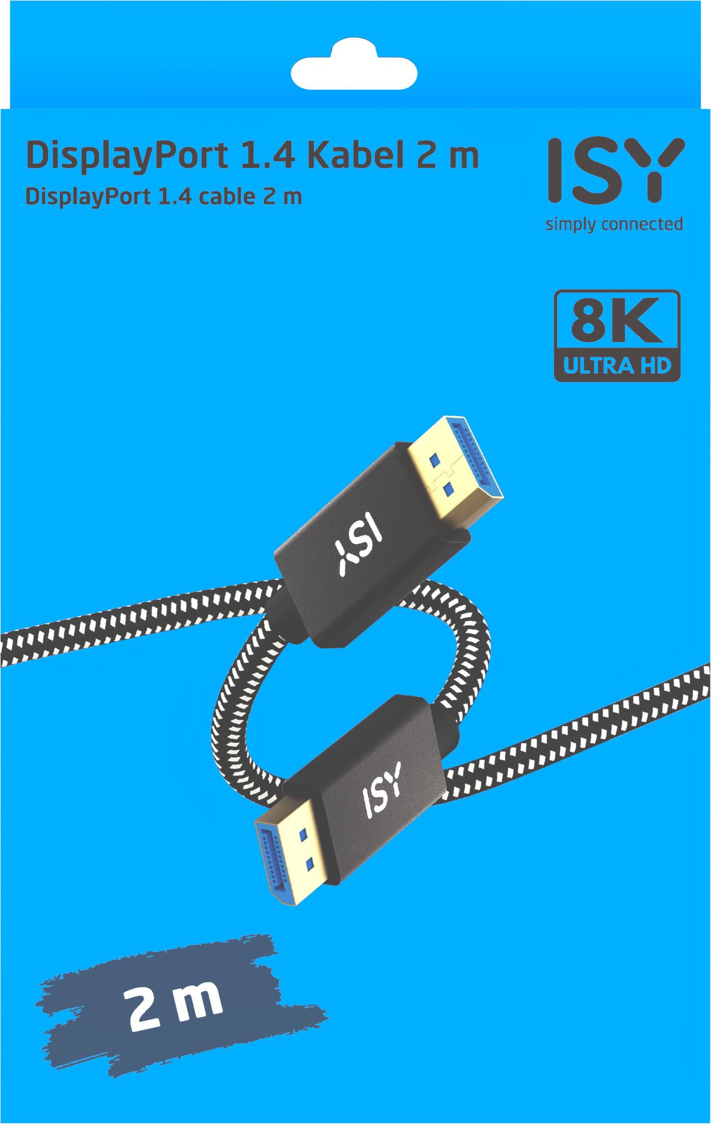 Un emballage bleu d'un câble DisplayPort 1.4 avec le logo ISY et l'étiquette 8K Ultra HD.