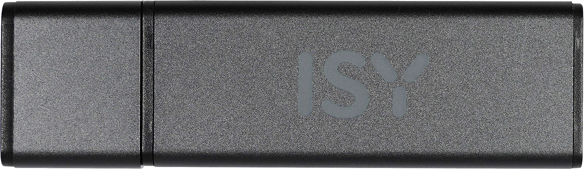 Une clé USB ISY noire. Design sobre et minimaliste. Logo ISY imprimé sur la surface.