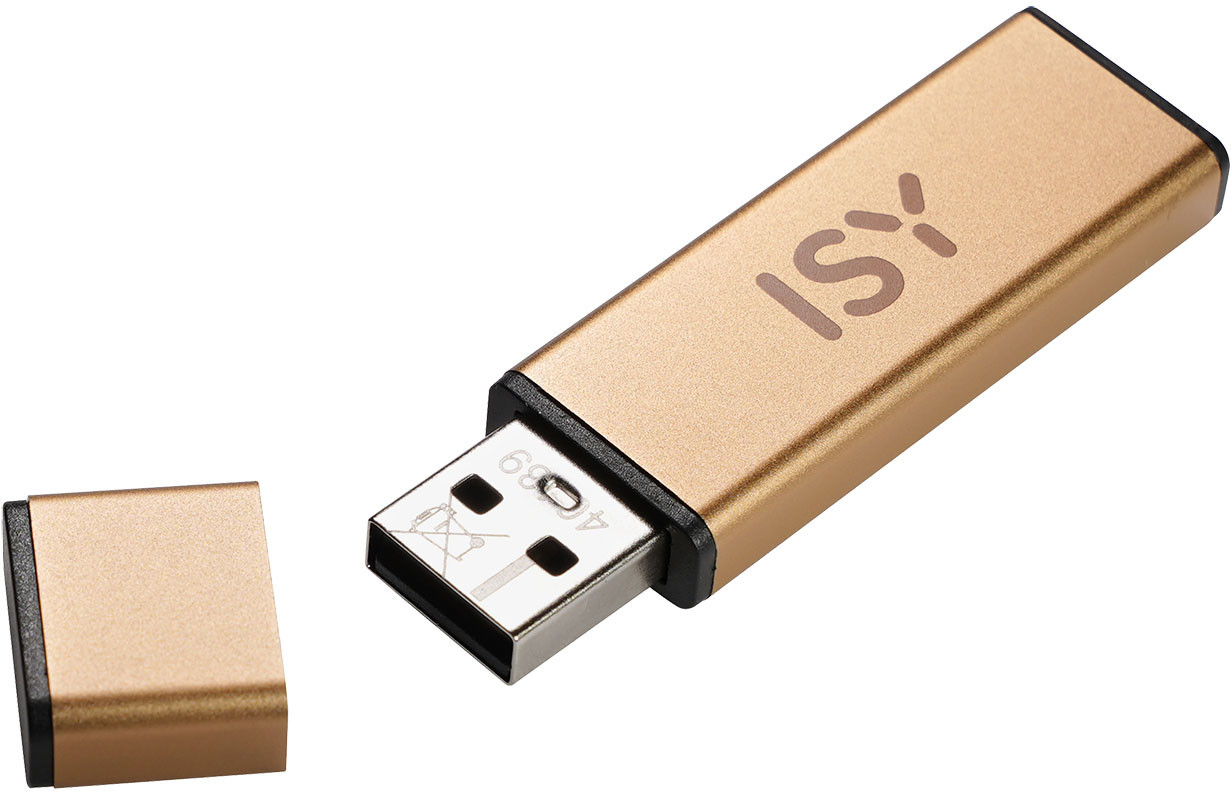 Une clé USB dorée avec le mot 'ISY' imprimé et un capuchon.