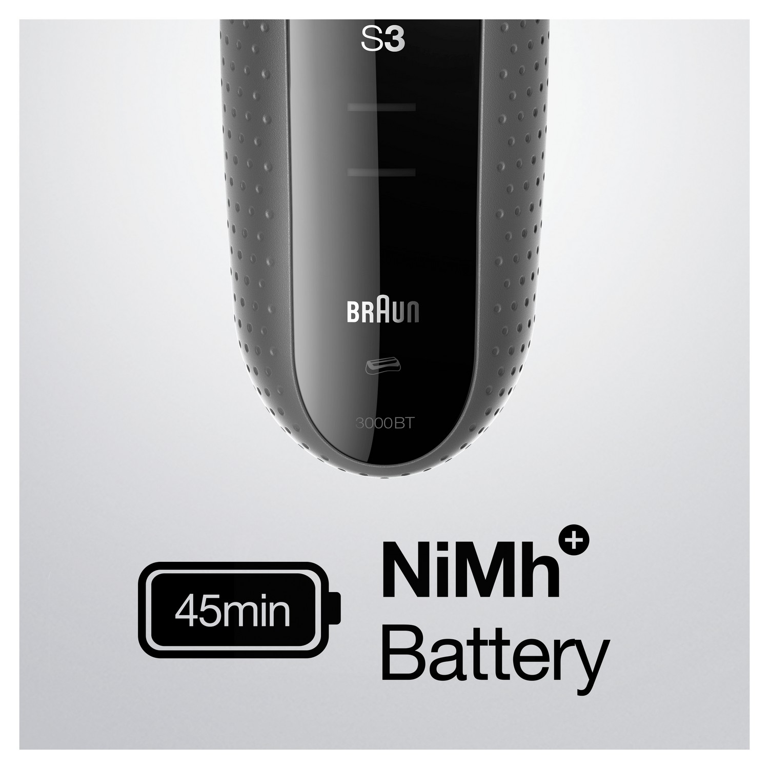 Een zwarte en grijze Braun elektrische scheerapparaat, met batterij- en gebruiksdetails in tekst.