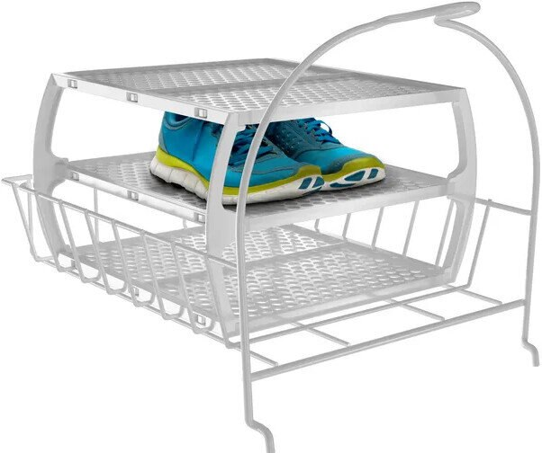 Biała suszarka z dwoma poziomami, trzymająca parę niebiesko-turkusowych butów. Biała metalowa rama.