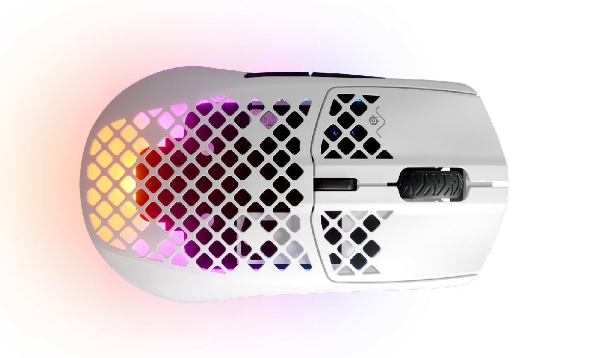 Biała mysz do gier z wzorem plastra miodu. Ma oświetlenie RGB i jest widoczna z góry.