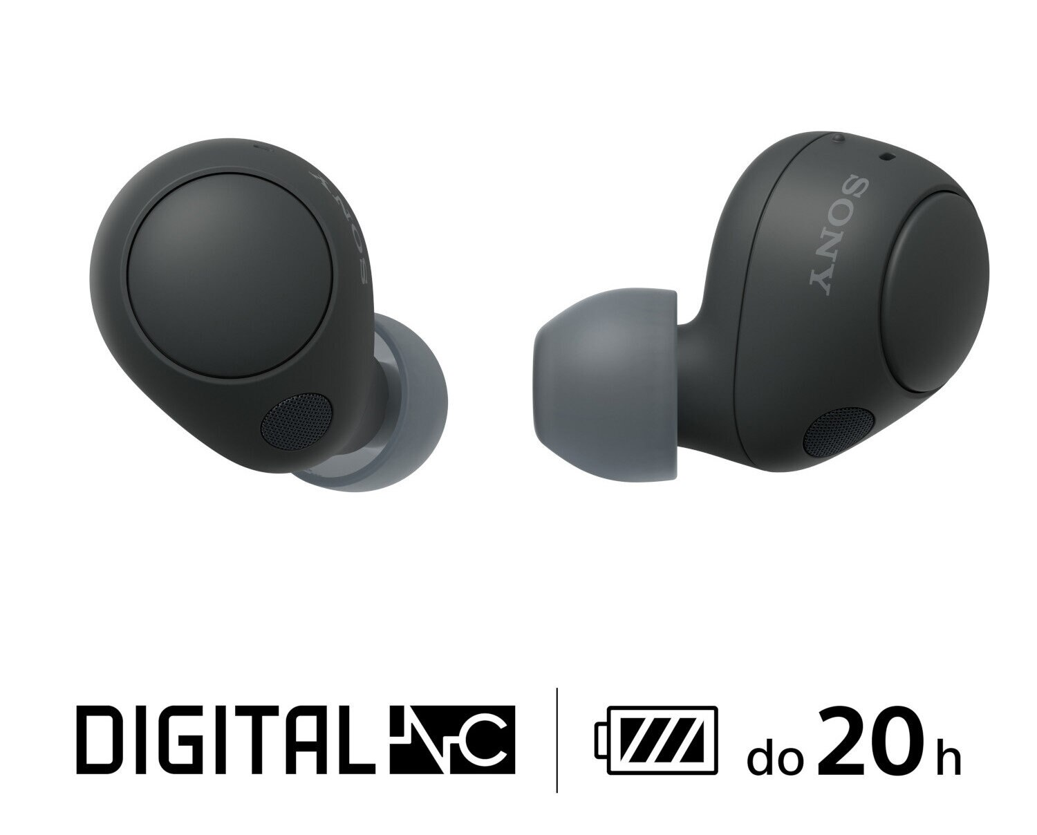Dwa czarne słuchawki, z napisem SONY na jednym. Poniżej Digital NC i ikona baterii.