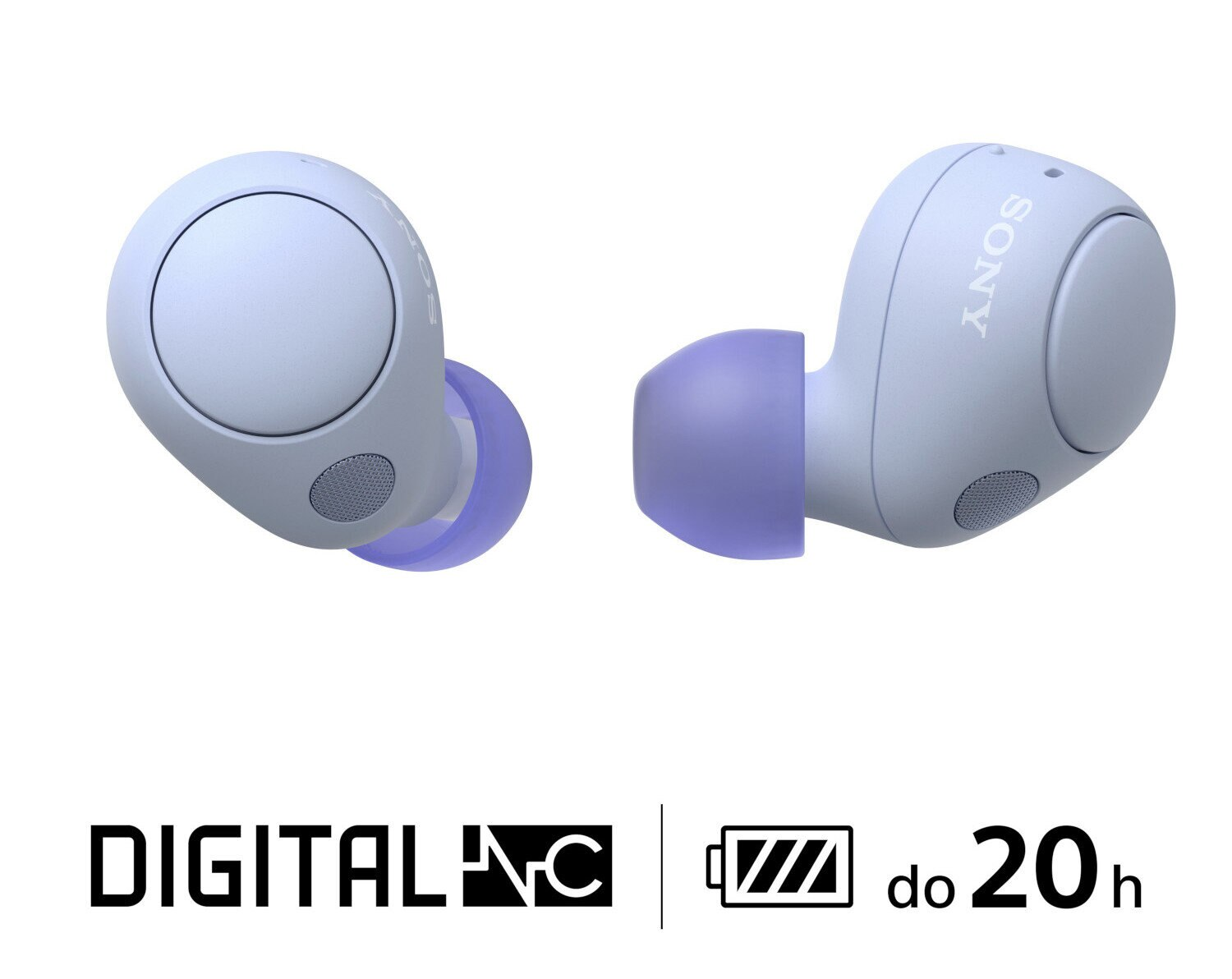 Dwa jasno fioletowe słuchawki Sony. Mają zaokrąglony kształt i fioletową końcówkę douszną. Widoczne logo marki.