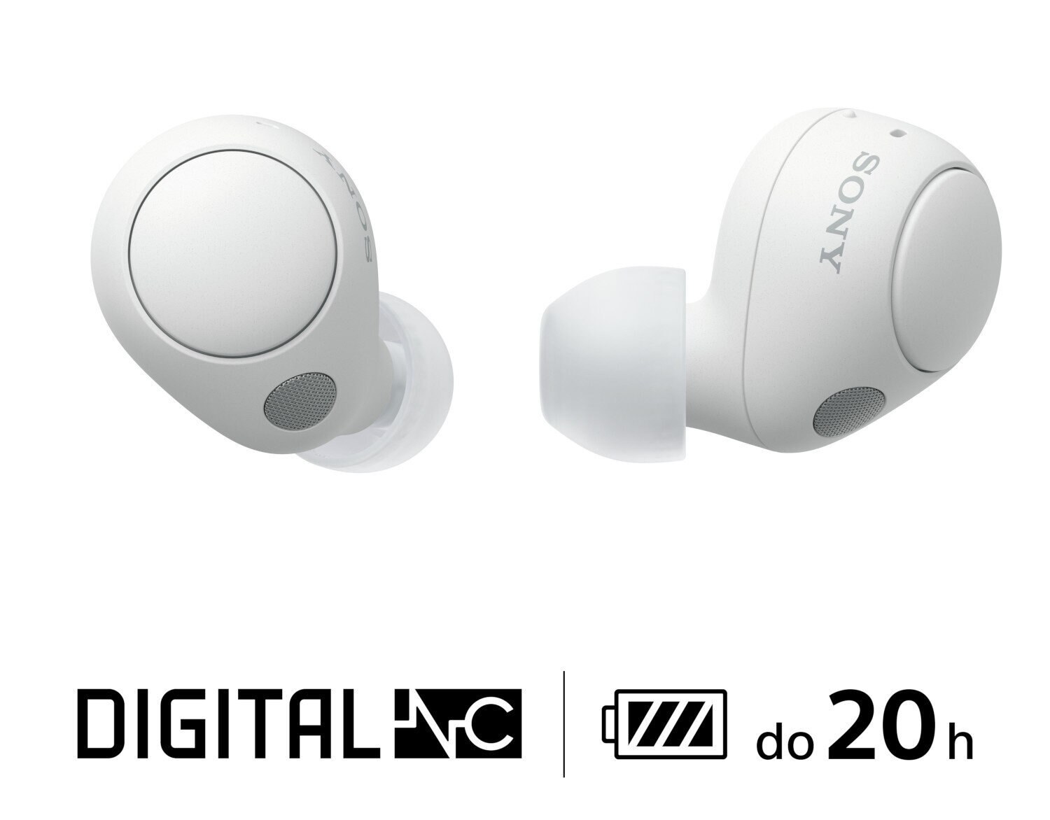 Białe słuchawki Sony z logo cyfrowej redukcji szumów i 20h żywotności baterii.