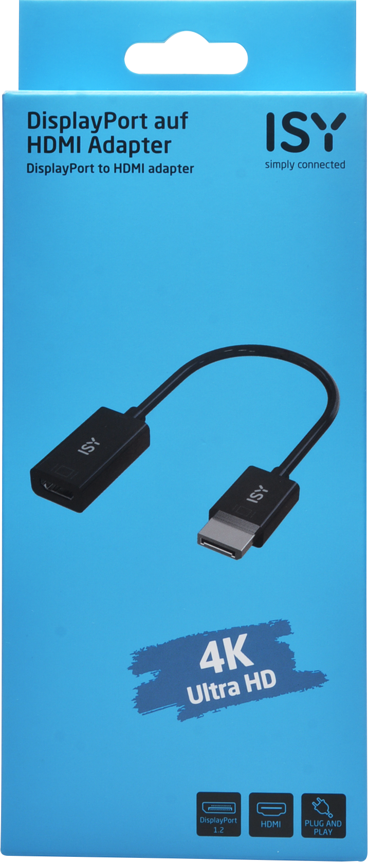 Emballage de l'adaptateur, câble noir reliant un port d'affichage et HDMI.