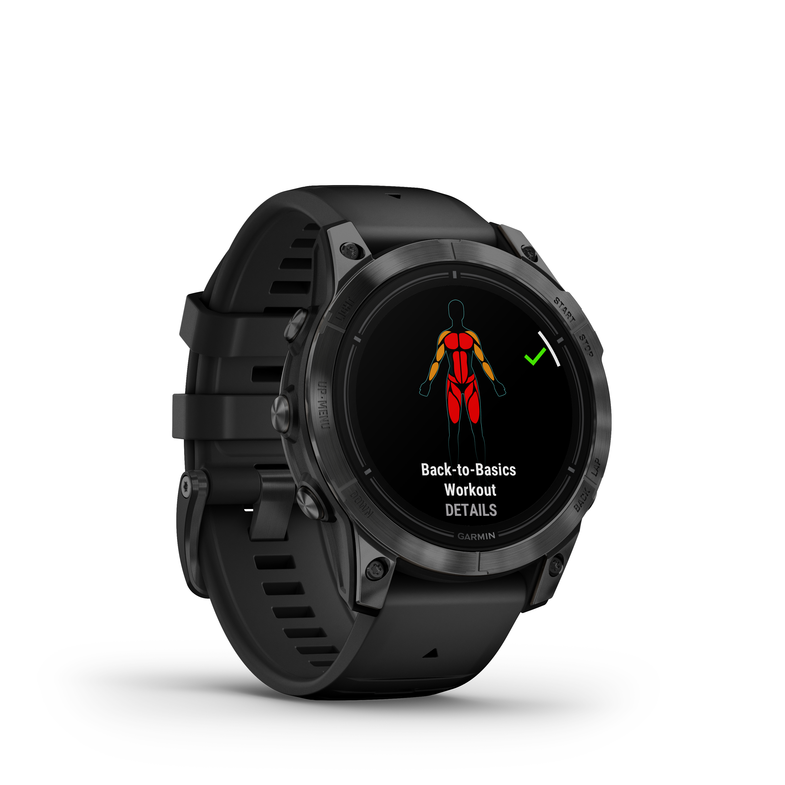 Eine schwarze Garmin Smartwatch, die einen Trainingsbildschirm mit rot und gelb markierten Muskelgruppen zeigt.