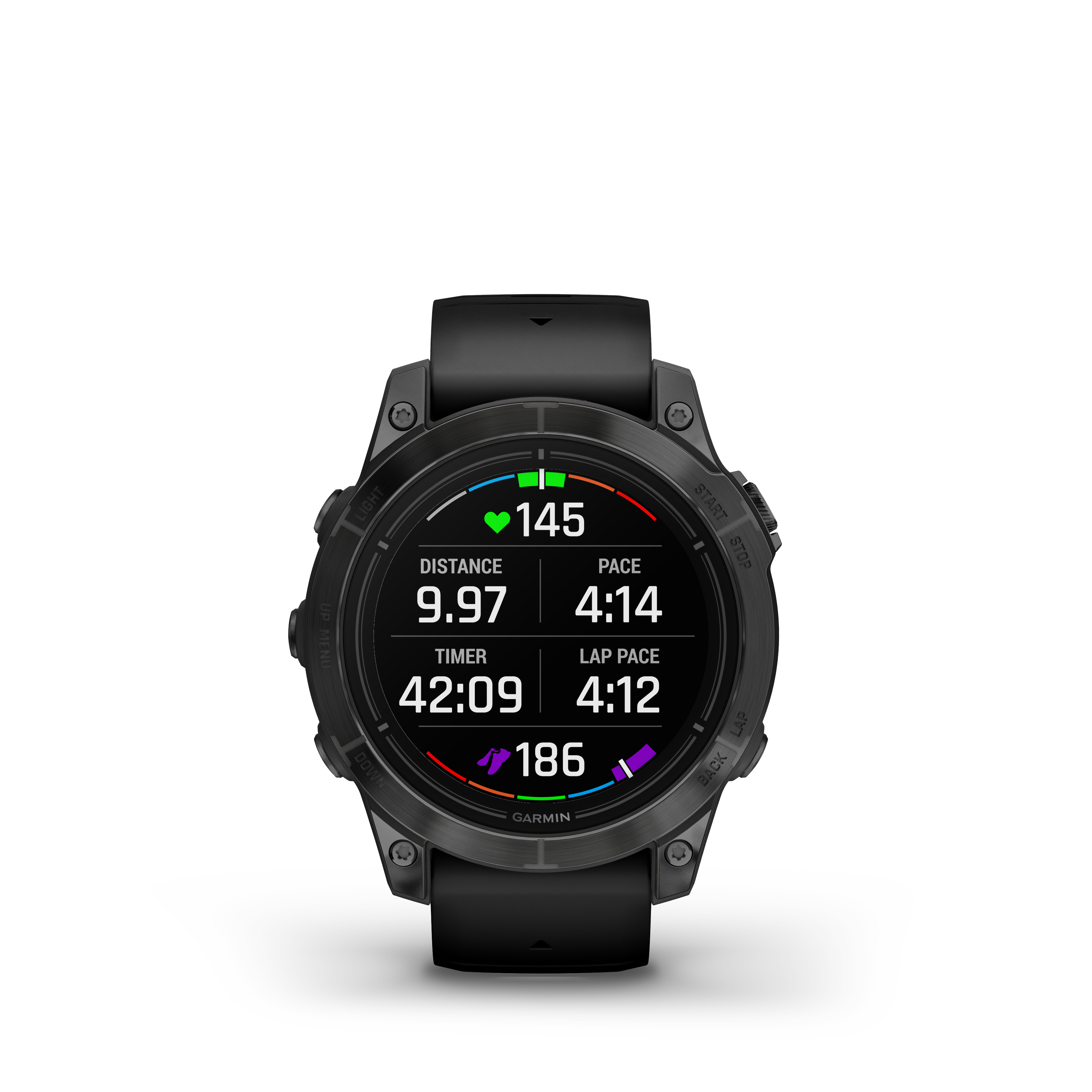 Eine schwarze Garmin Smartwatch mit Zeit-, Distanz-, Herzfrequenz- und Tempoinformationen.
