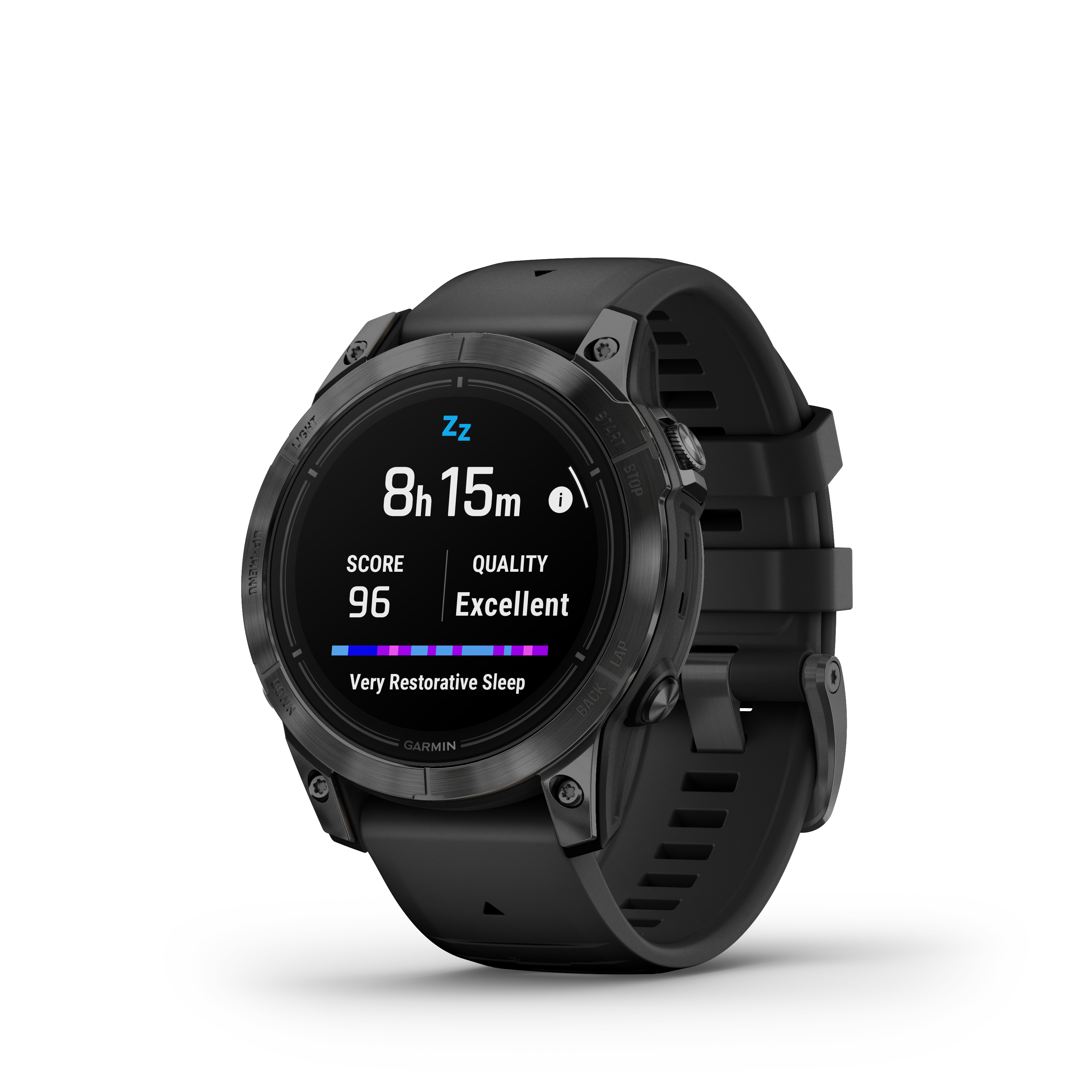 Schwarze Smartwatch mit Schlafanalyse: 8h15m, Wert 96, Qualität: ausgezeichnet.