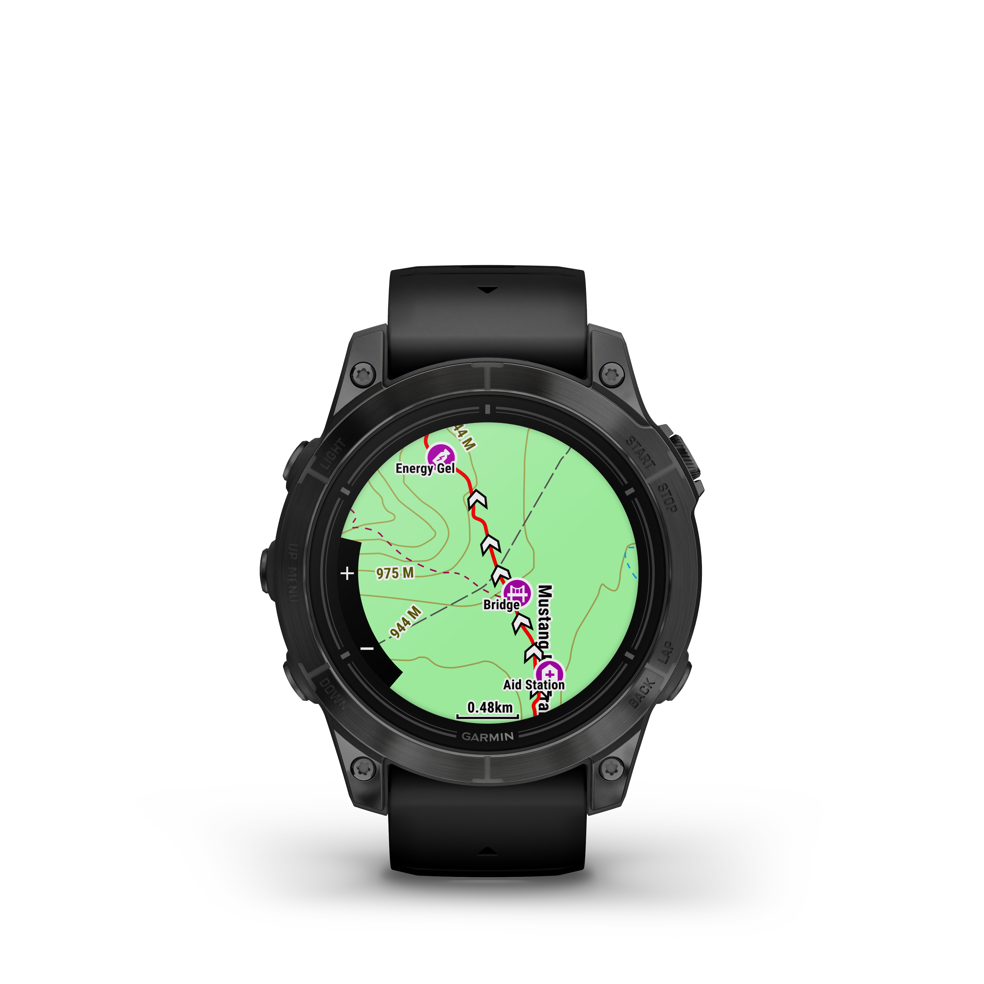 Eine schwarze Smartwatch mit Kartenanzeige. Die Uhr hat ein schwarzes Armband.