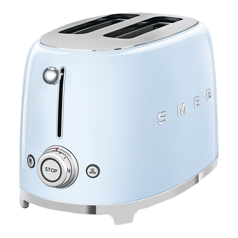 Hellblauer Toaster mit Chromakzenten, Stopp-Taste sichtbar.