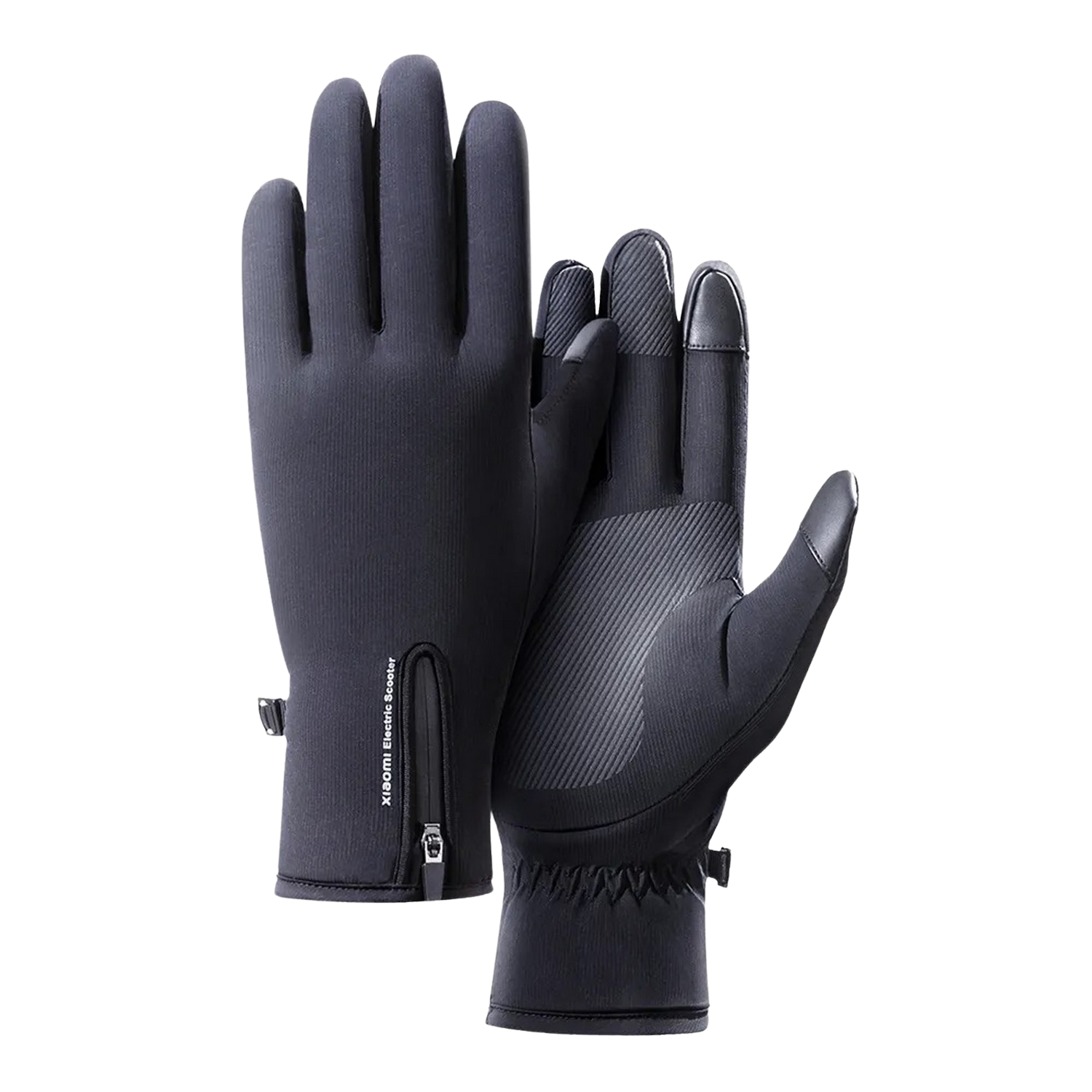 Zwarte handschoenen met een rits links en een getextureerde grip op de palm.