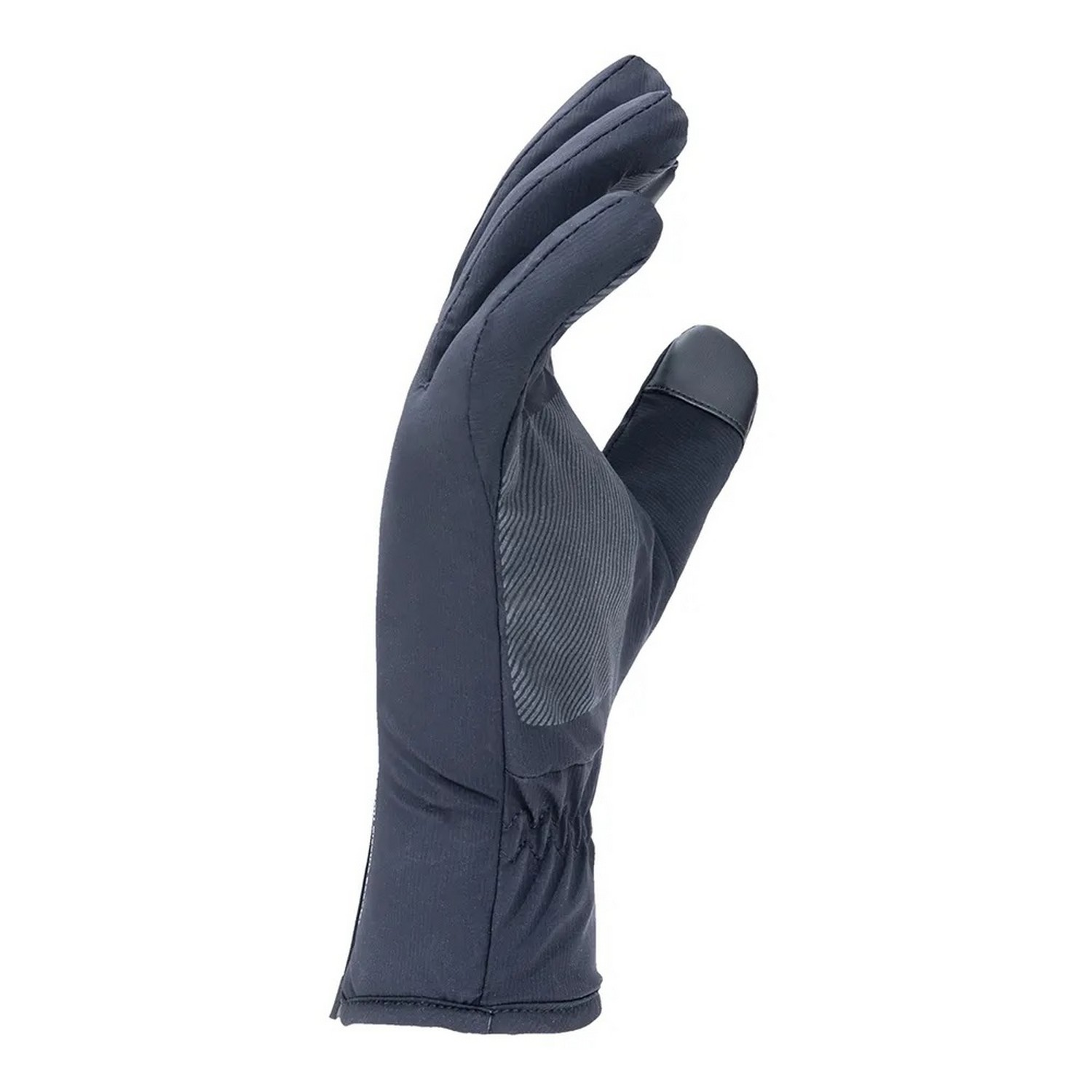 Een donkergrijze handschoen, met een getextureerde grip. De handschoen staat op een witte achtergrond.