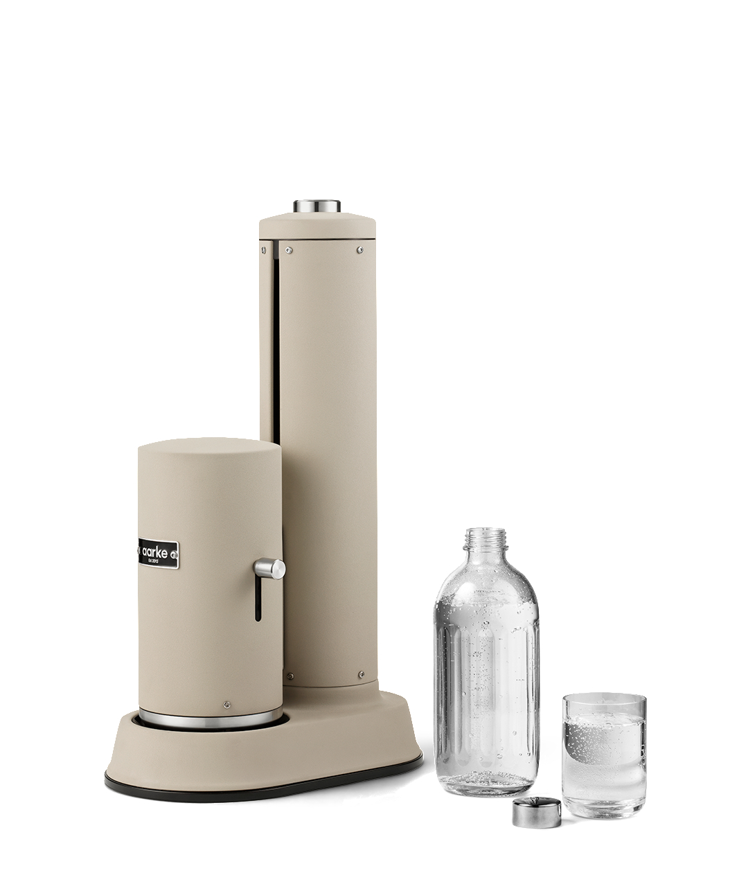 Wasserkohlesäuregerät mit Glasflasche, Glas Wasser und Kappe.