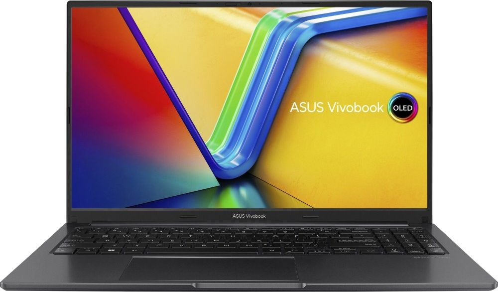 Un ordinateur portable ASUS Vivobook est ouvert. L'écran affiche des lignes colorées. Le clavier est noir et le corps gris.