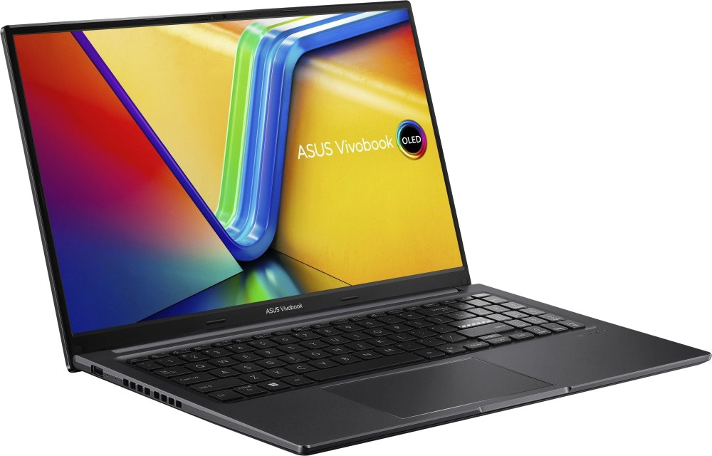 Un ordinateur portable ASUS Vivobook gris foncé est ouvert. L'écran affiche un design coloré. Le clavier et le pavé tactile sont visibles.