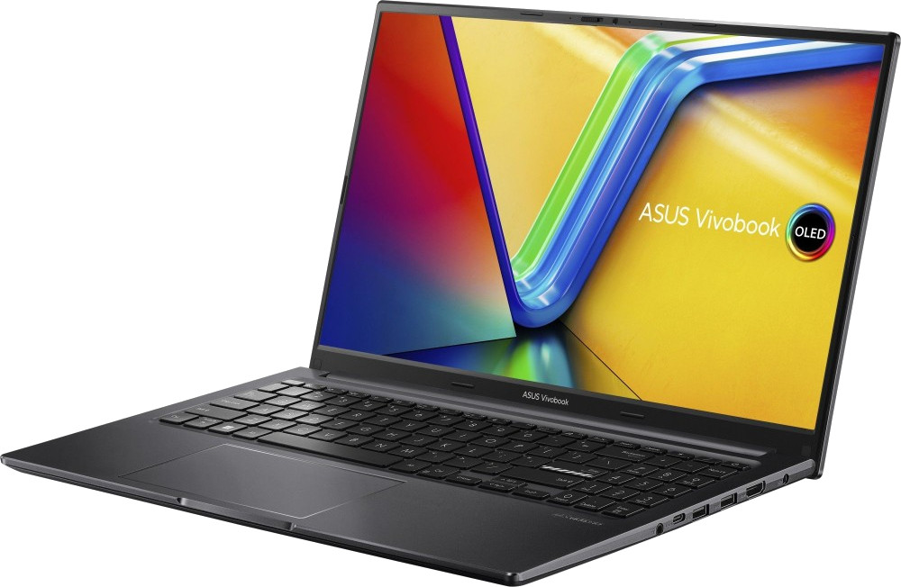 Un ordinateur portable ASUS Vivobook gris foncé est ouvert. L'écran affiche un design abstrait coloré. Le clavier et le pavé tactile sont visibles.