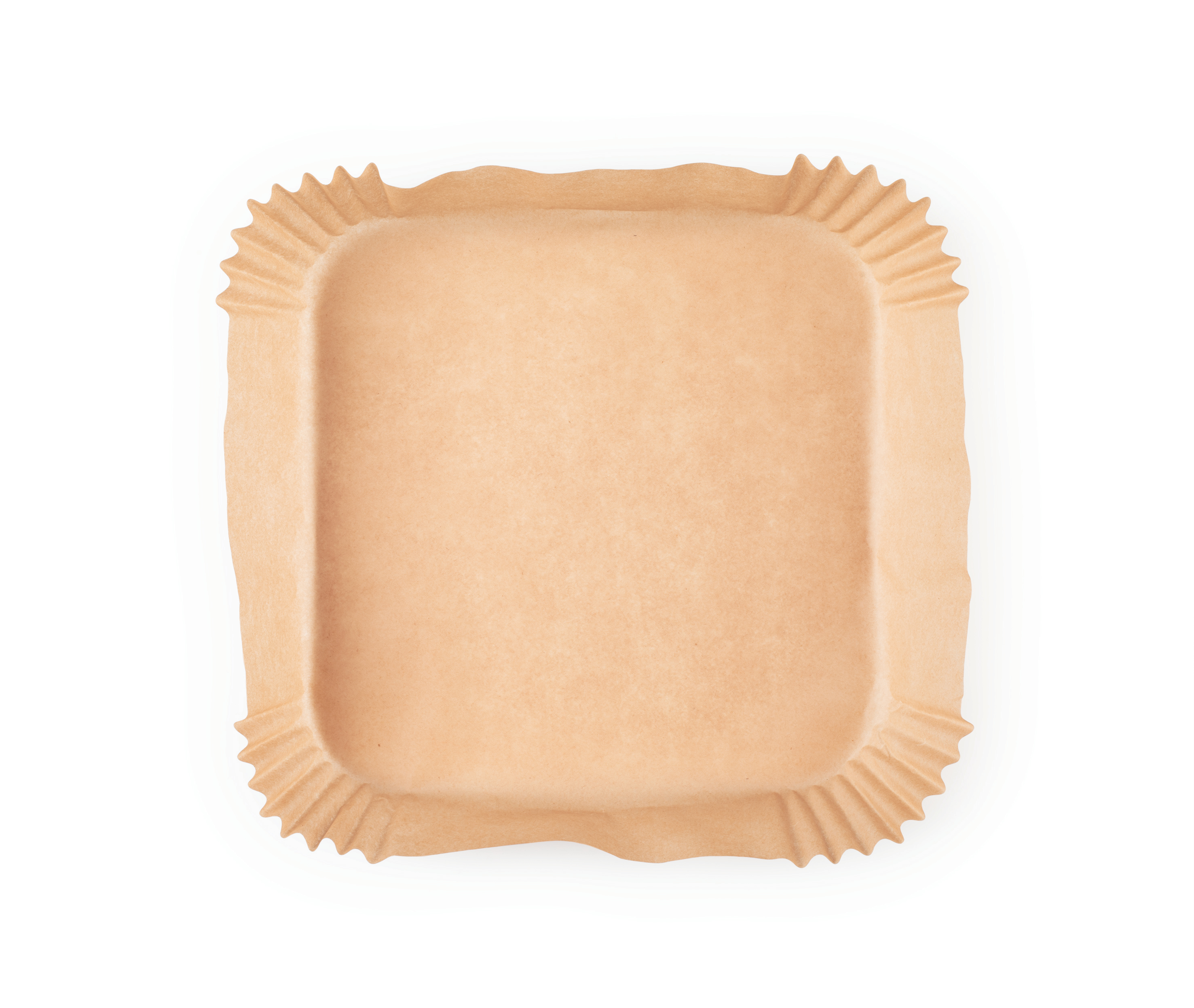 Ein braunes Backpapier-Tablett mit geriffelten Kanten, isoliert auf weißem Hintergrund.