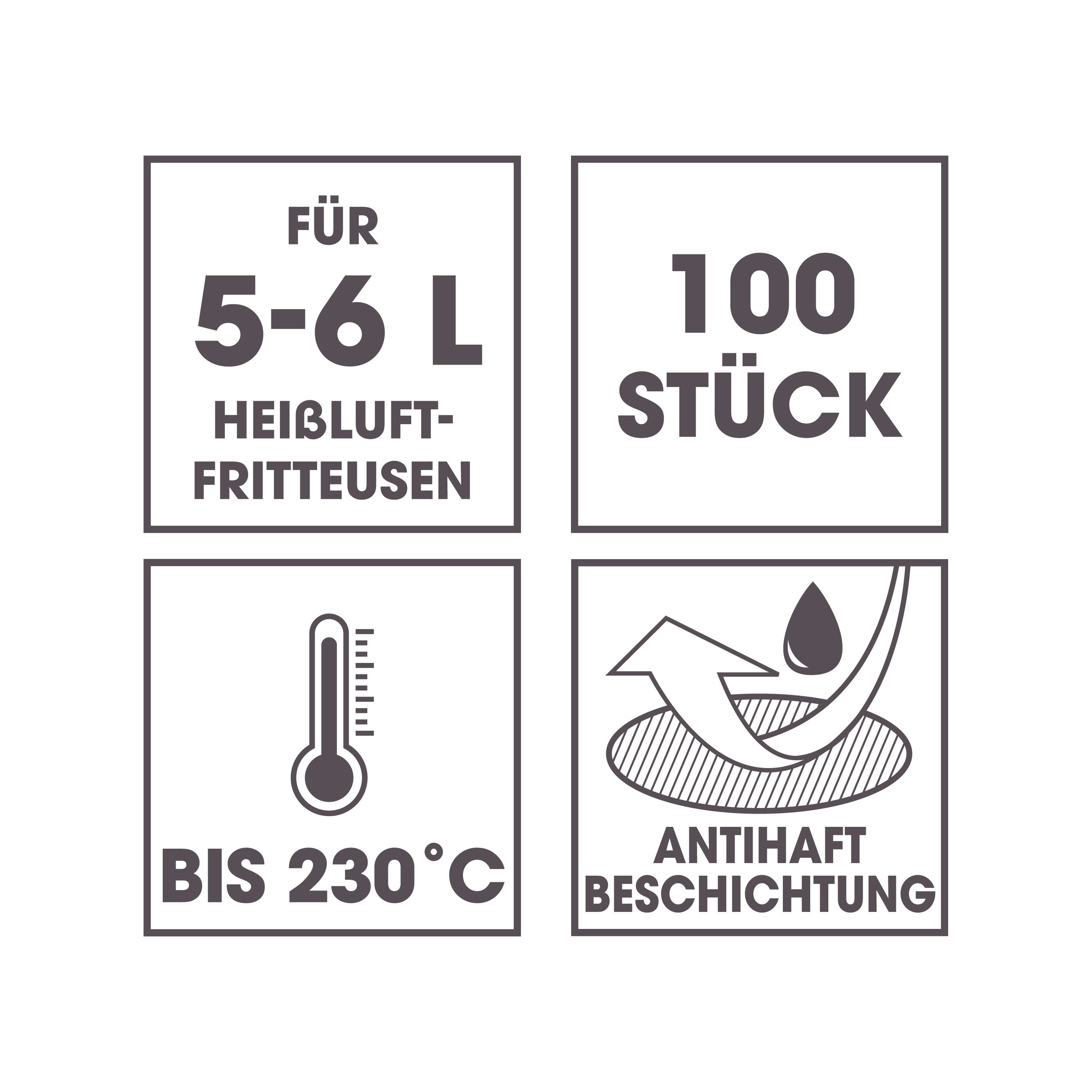 Vier Symbole. Oben links: 5-6L für Heißluftfritteusen. Oben rechts: 100 Stück. Unten links: 230°C. Unten rechts: Antihaft.
