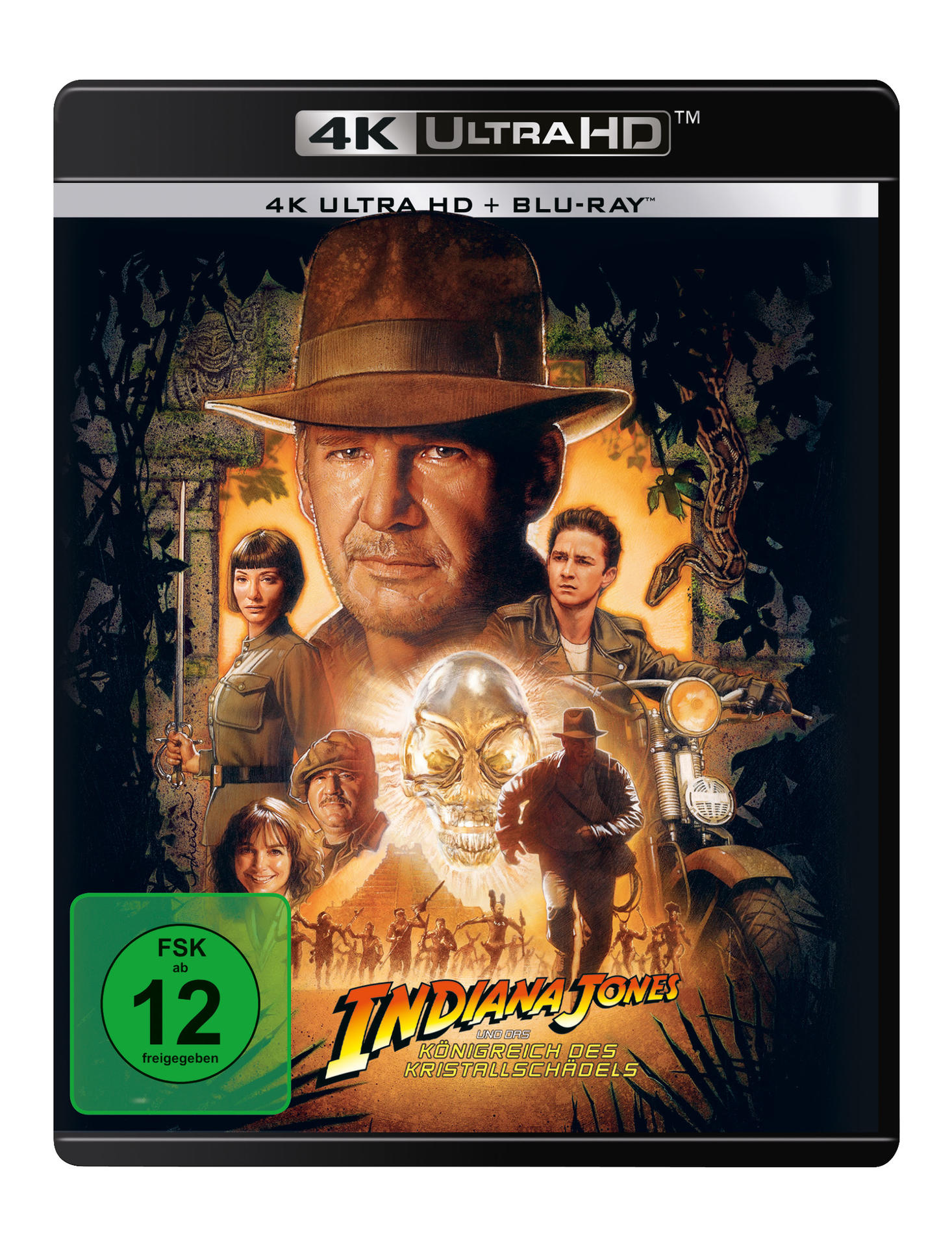 Indiana Jones Filmcover. Harrison Fords Gesicht, Dschungel Hintergrund, Titel 'Indiana Jones'.