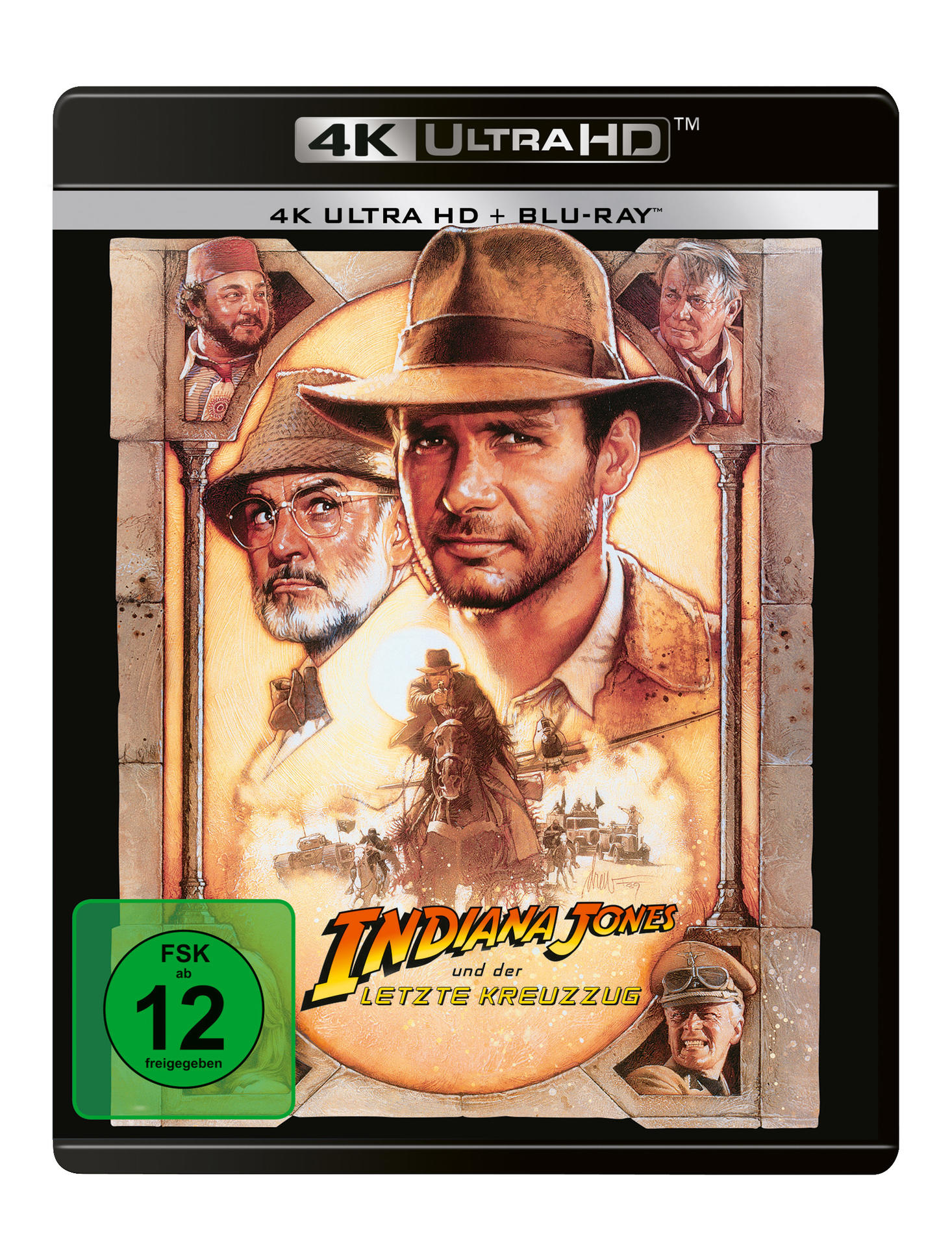 Filmcover mit Indiana Jones und Charakteren. 4K Ultra HD Blu-ray Disc.