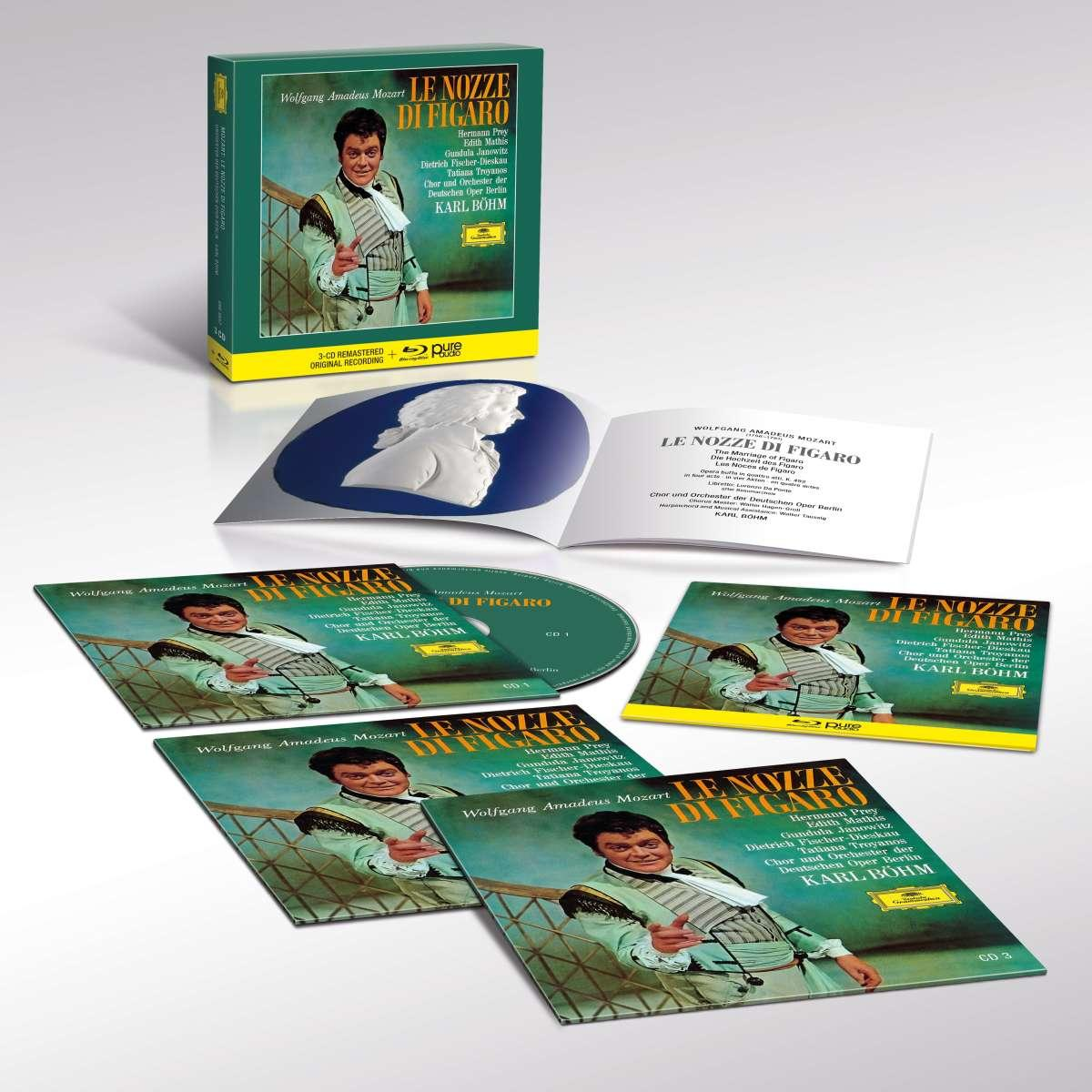 Box-Set von Mozarts Oper 'Le Nozze di Figaro'. Enthält CDs, Booklets und eine Box mit einem Foto eines Mannes.
