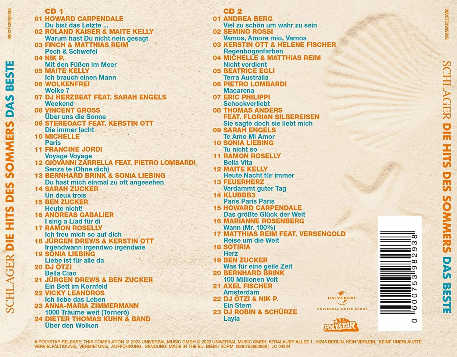 CD-Cover mit Songtiteln und Künstlernamen auf weißem Hintergrund. Text auf Deutsch.