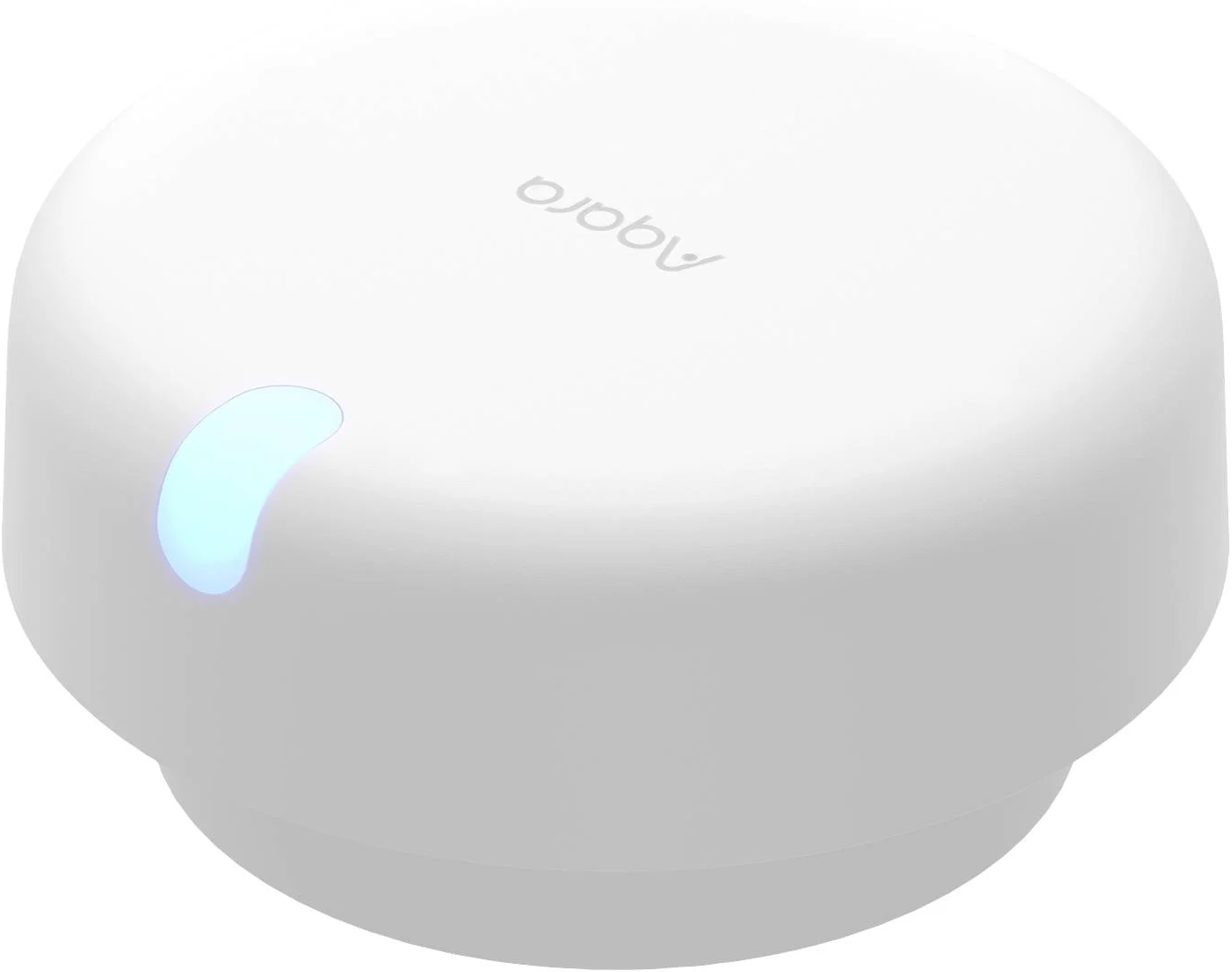 Weißes, abgerundetes Aqara Smart Home Gerät mit blauem Lichtindikator, vor weißem Hintergrund.