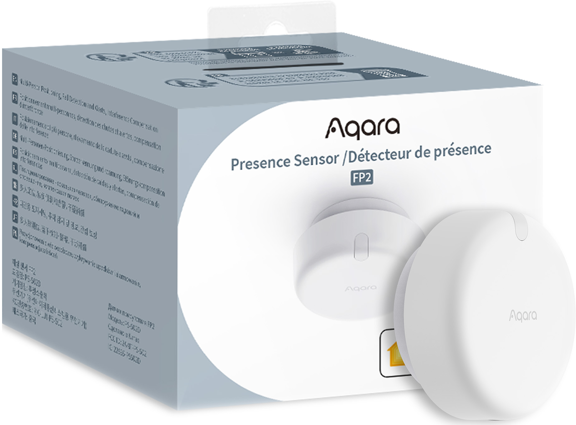 Eine weiße Aqara Presence Sensor-Box und der Sensor selbst. Die Box hat Text in mehreren Sprachen.
