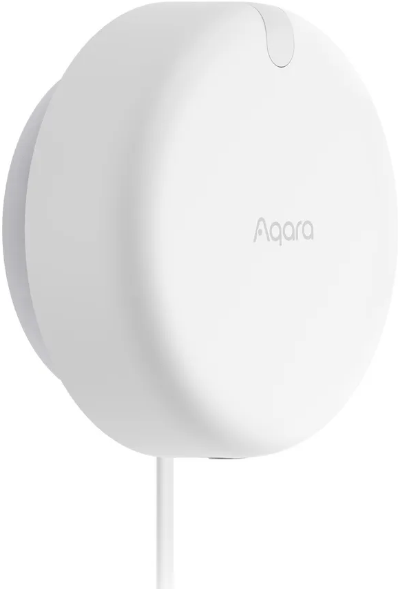 Weißes, rundes Smart-Home-Gerät mit Aqara-Logo. Es hat eine kleine, hervorstehende Oberseite.
