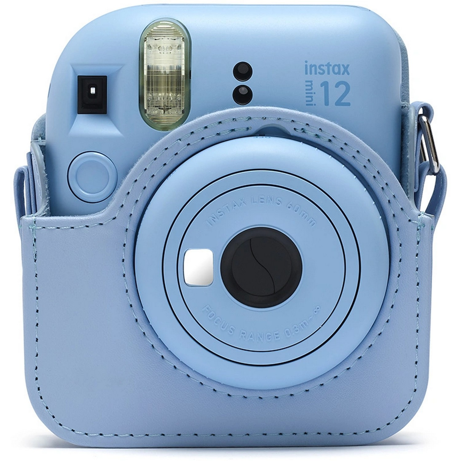Light blue digital instant camera on a white background.
