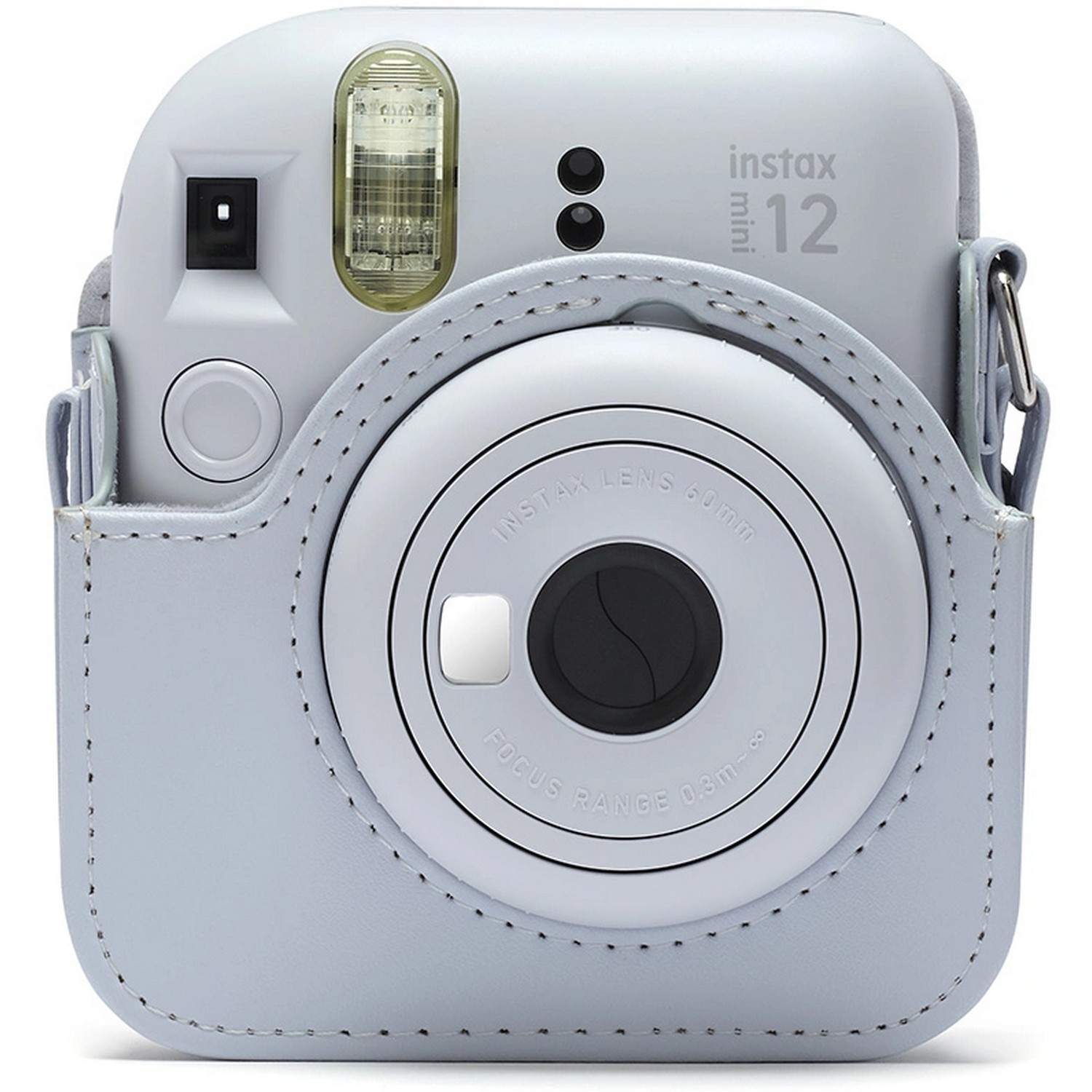 Instax Mini 12 instant camera in a light blue case. Lens and flash details visible.