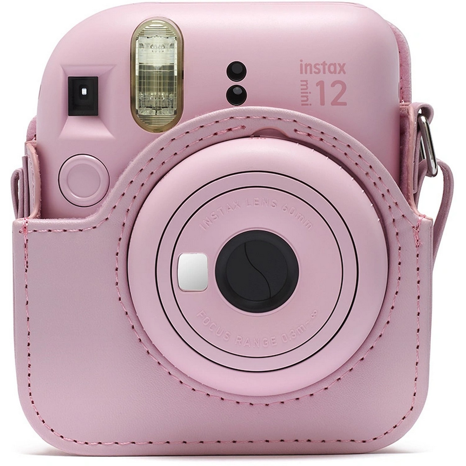 Pink Instax Mini 12 camera in a matching case, with lens and flash.