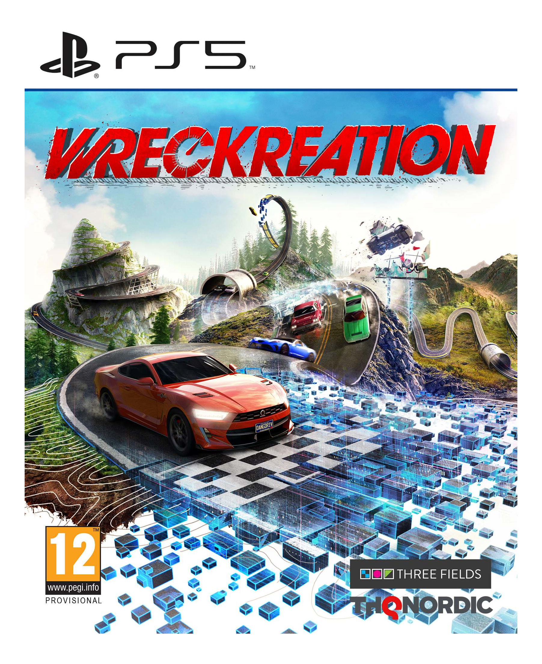 Spielcover von Wreckreation, PS5-Logo, orangefarbenes Auto auf der Strecke, andere Autos rasen, blaues und schwarzes Schachmuster.