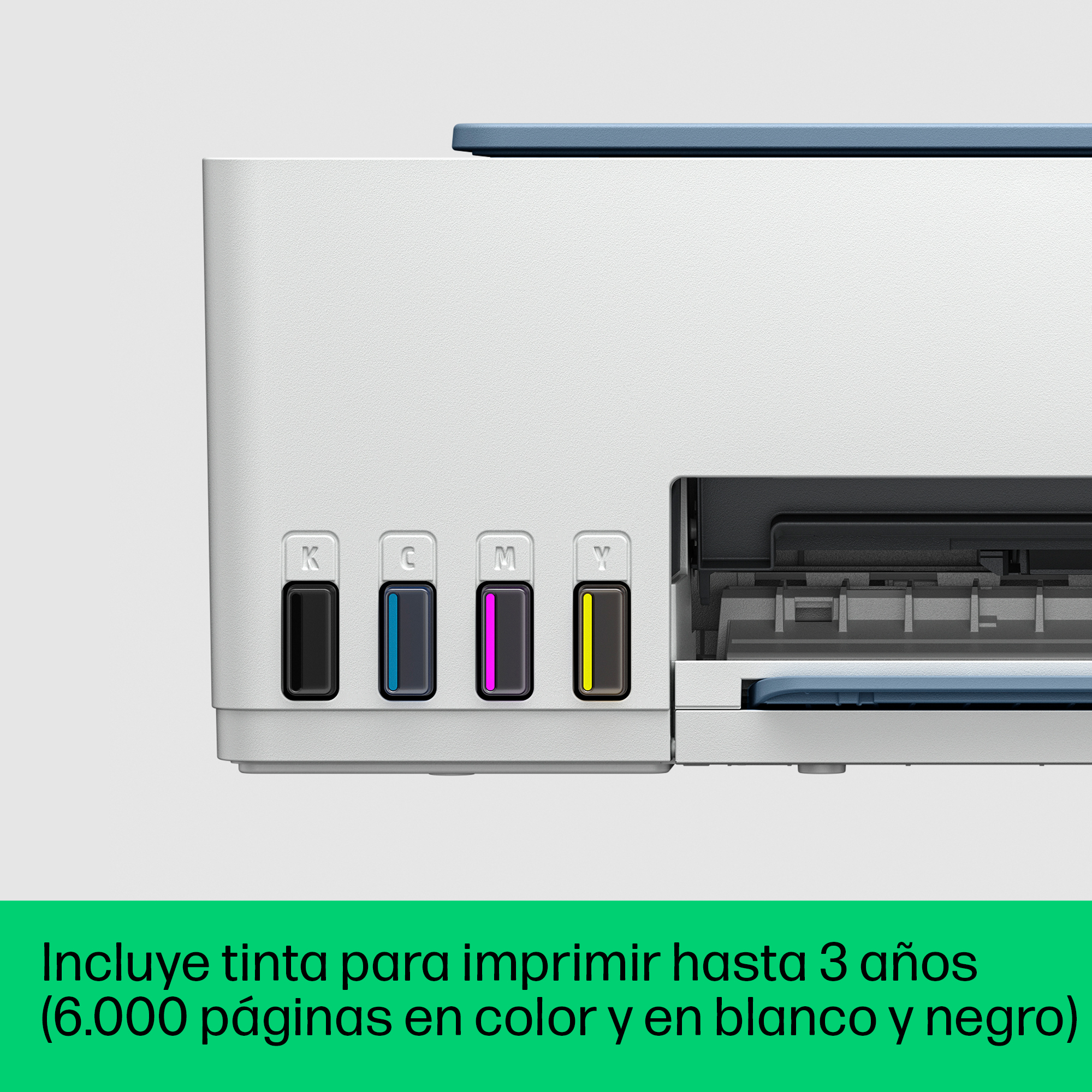 Impresora de inyección de tinta con cartuchos. Texto en español al frente.