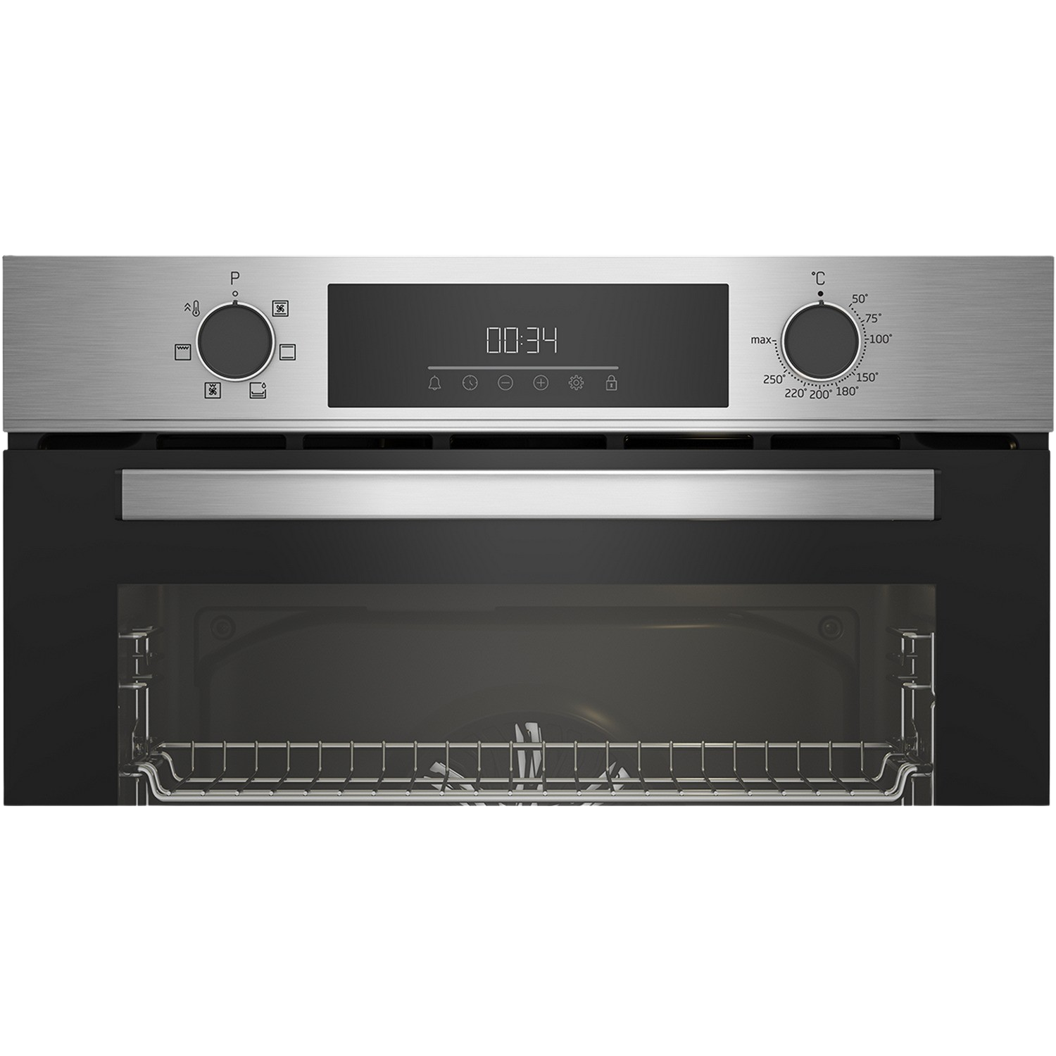 Een roestvrijstalen ovenbedieningspaneel met een display die 00:34 weergeeft, met knoppen.