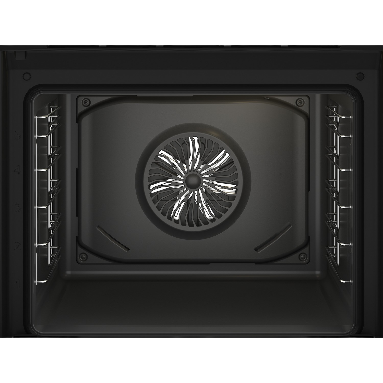 Open oveninterieur met een ventilator in het midden, omringd door metalen rekken.