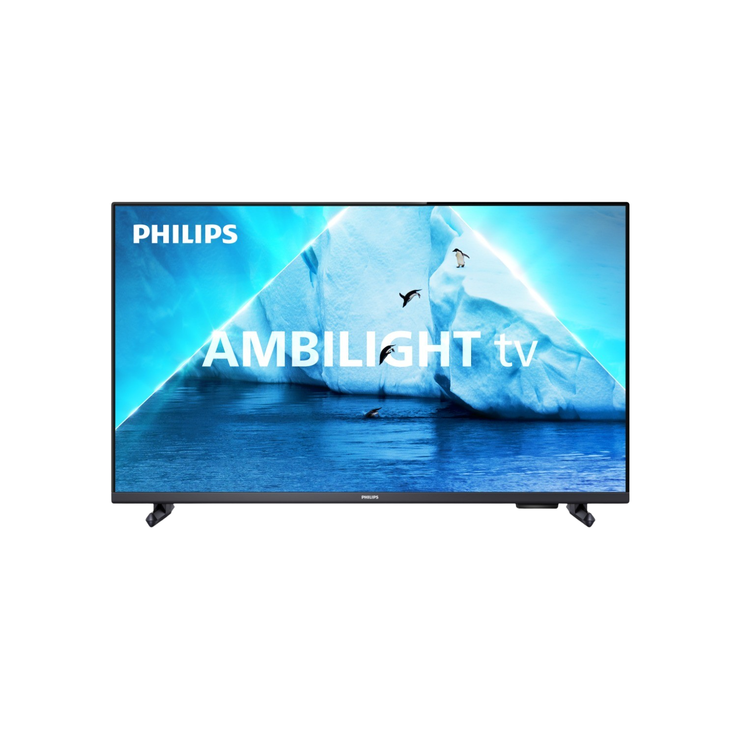Philips Ambilight TV toont een blauwe ijsbergscène met vogels. De tv heeft een zwart frame.
