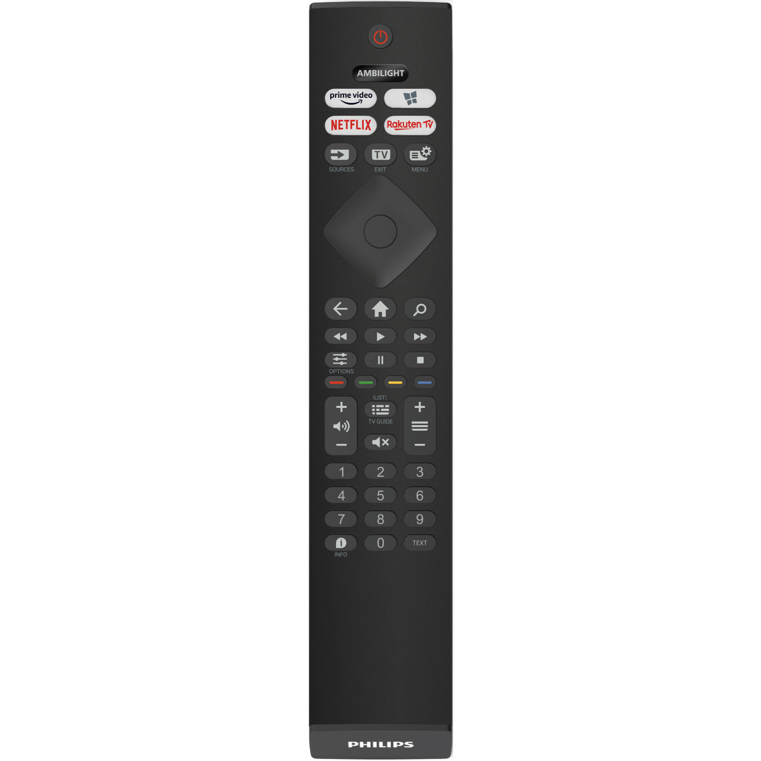 Een zwarte Philips afstandsbediening. Het heeft knoppen voor Netflix, Prime Video en nummers. De achtergrond is zwart.