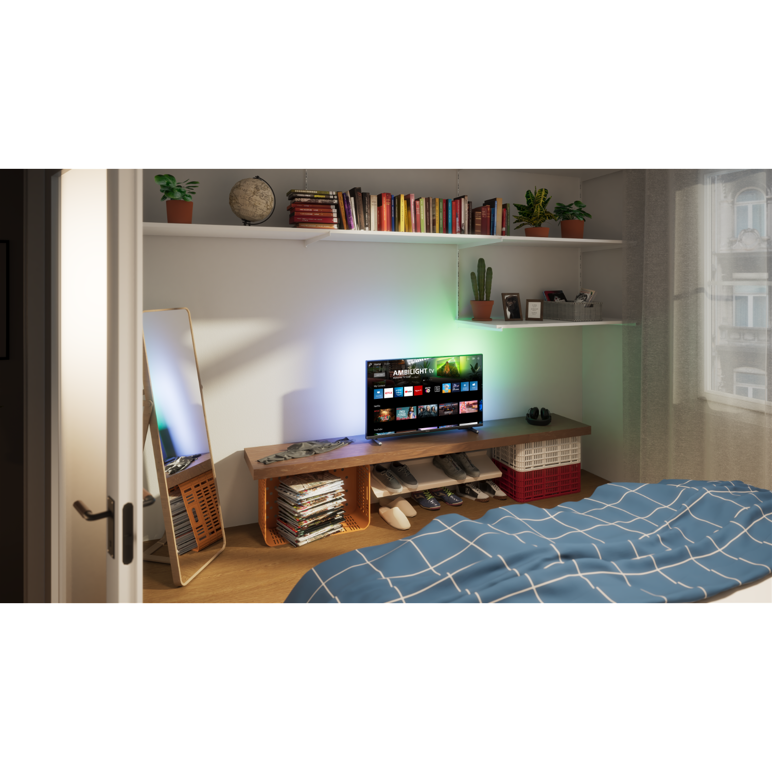 Een slaapkamer met tv, planken en een bed. Een spiegel reflecteert de details van de kamer.